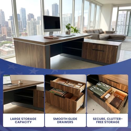 OfficeSimpli L Shaped Executive Desk with Drawers, Made in USA, 84x72x30 in - Image 3