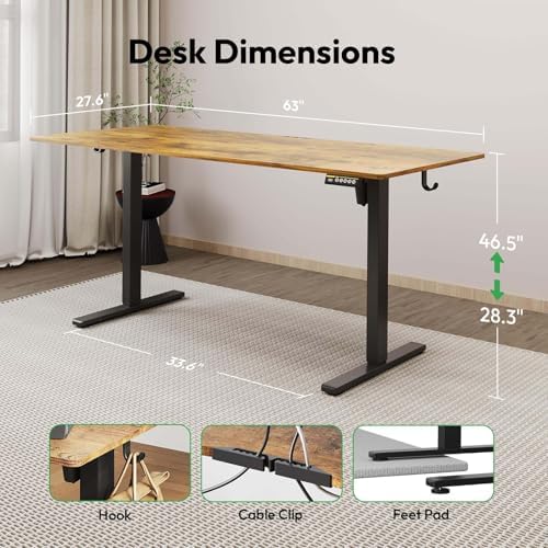 63 x 28 Inch Electric Standing Desk, 3 Memory Presets, Brown - Image 2