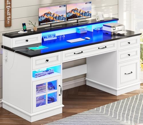 BTHFST 59.1" Executive Desk with File Drawer, Charging Station, White by BTHFST