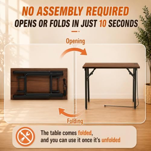 Folding Table Computer Desk - 43.3" No Assembly Folding Desk with Power Outlets & USB Charging Port, Small Desk, Foldable Office Desk, Compact Storage Portable Use for Small Space, Dark Walnut - Image 4
