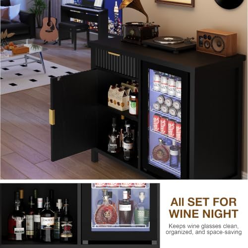 Mini Fridge Cabinet, 39.3" Fluted Coffee Bar with Mini Fridge Space, Black - Image 5