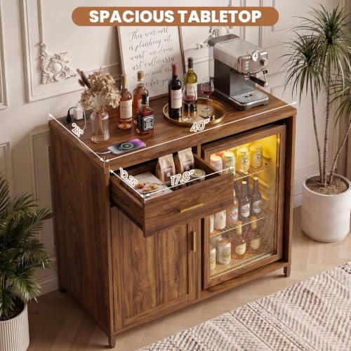 Unikito Coffee Bar Cabinet with Mini Fridge Space & Power Outlet, Walnut - Image 6