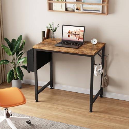 Lufeiya Small Desk for Small Spaces, 24 Inch Kids Girls Study Writing Mini Desks for Bedroom, Simple Modern Laptop PC Little Side Table with Storage Bag Headphone Hooks, Rustic Brown - Image 2