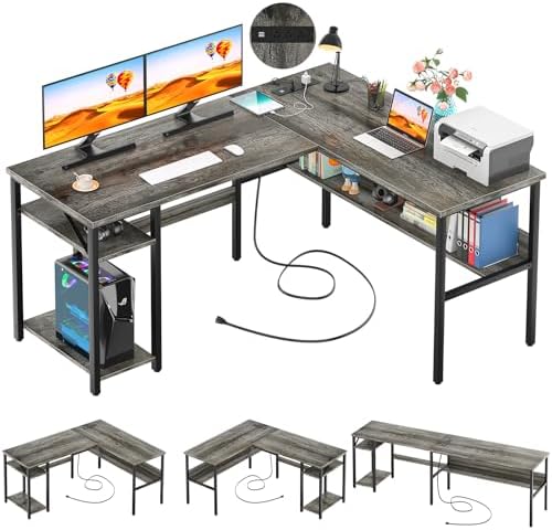 Unikito Reversible L Shaped Desk with Magic Power Outlets and USB Charging Ports, Sturdy Corner Computer Desk with Storage Shelves, Gaming Desk for Home Office, Easy to Assemble, Black Oak by Unikito