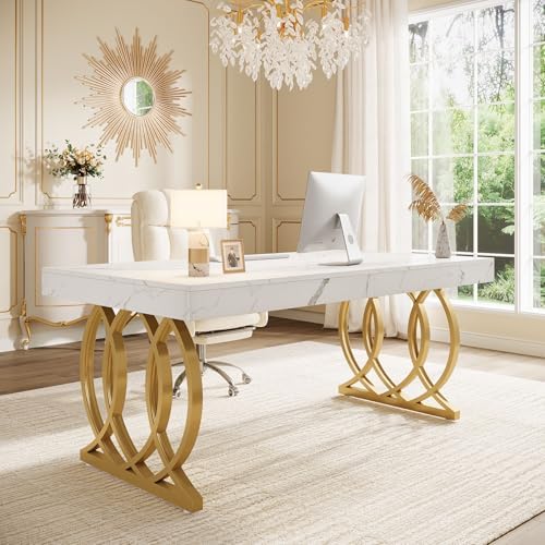 Tribesigns 63-Inch Executive Desk, Modern Office Computer Desk with Stylish Gold Legs, Rectangular Workstation for Home Office, Small Conference Table for Meeting Room (White & Gold) - Image 4