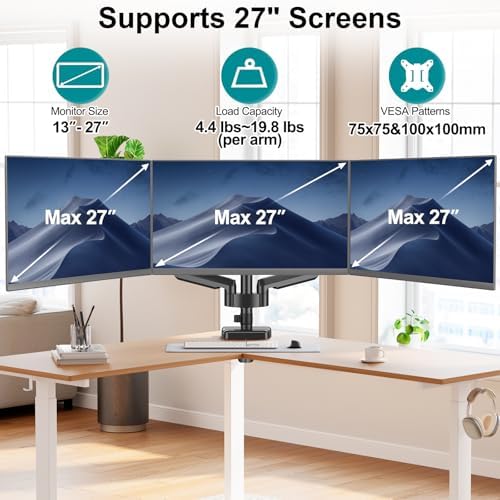 MOUNT PRO Triple Monitor Mount for 13-27 inch Screens, 3 Monitor Desk Mount, Height Adjustable Triple Display Stand, Full Motion Three Computer Arm Hold up to 17.6lbs Each, VESA 75x75, 100x100 - Image 3
