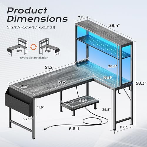 PRAISUN L Shaped Gaming Desk with LED Lights & Power Outlets - Image 2