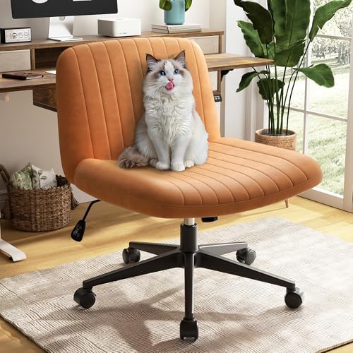 SUNLEI Cross Legged Office Chair with Wheels, Armless Wide Chair's for Vanity Desk, Criss Cross Comfy Chairs with Back, Desk Chair/s of Height Adjustable Swivel, Orange & Leather by SUNLEI
