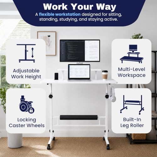 Small Rolling Desk with Wheels, Adjustable Height 27"-43.3" Portable Standing Desk, 31.5"x15.7" Tabletop, Mobile Laptop Computer Table for Home Office Workstation, White - Image 4