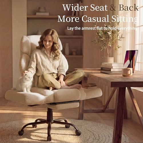 Office Chair with Flip Armrests,Big and Tall Office Chair with Foot Rest,Extra Wide Seat & Lumbar Pillow,Ergonomic Computer Gaming Chair,Comfy Criss Cross Chair for Pets Sitting,Teddy Fleece,Beige - Image 5