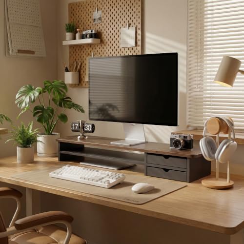 Fenge Monitor Stand, Desk Computer Riser with Frosted Storage Drawer, Brown - Image 2