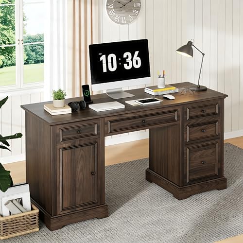 Vipbear 60" Farmhouse Executive Desk with Drawers and Cabinet, Embossed Texture Wood Home Office Desk, Rustic Computer Writing Desk, Workspace for Work Study Writing, Walnut Brown by VipbearLiving