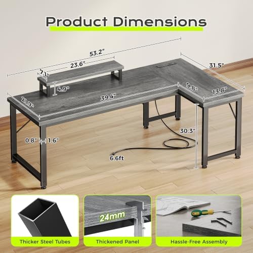 PRAISUN 53" L Shaped Computer Desk, Power Outlets, Monitor Stand, Grey - Image 3