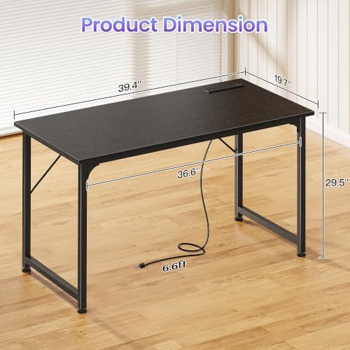 PRAISUN 40 X 20 Inch Computer Desk, Power Outlets, USB-C, Black - Image 3