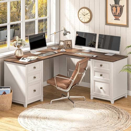 Vabches Farmhouse L Shaped Executive Desk with 6 Drawers, 59’’ Wood Home Office Desk with File Cabinet, Writing Corner Computer Desk for Home Office, Work, Study, White and Brown - Image 3