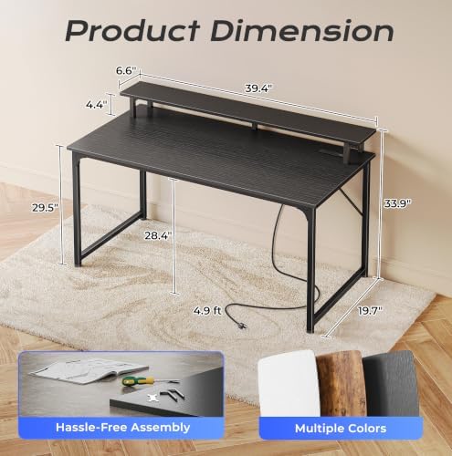 PRAISUN 40 inch Gaming Desk, LED & Power Outlets, Monitor Stand, Black - Image 3