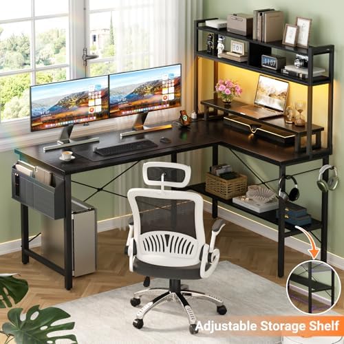 Aheaplus L Shaped Gaming Desk with Power Outlets & LED Lights, Black - Image 5