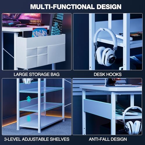 Acrolix L Shaped Gaming Desk 55 Inch - Computer Corner Desk with Power Outlets, Reversible Shelves & Storage Bag for Home Office, PC Gaming Table, White Carbon - Image 7
