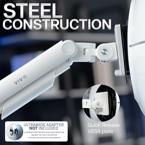 VIVO Heavy Duty Aluminum Ultrawide Monitor Tension Arm for up to 49 inch Screens, Holds 44 lbs, Premium Desk Mount Stand Designed for Samsung Odyssey G9 and More, White, STAND-V101VW - Image 6