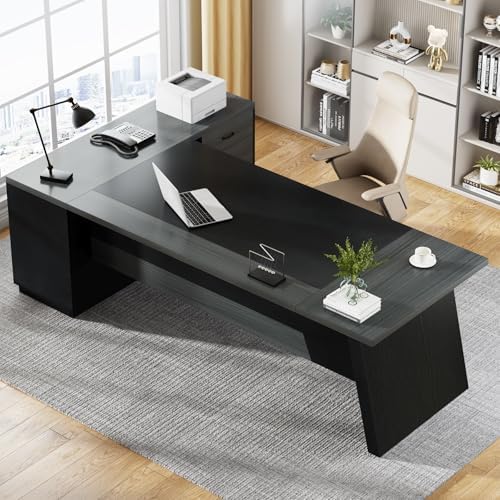 Tribesigns 78" L-Shaped Executive Desk, Large Modern Office Desk with Drawers and Lateral File Cabinet, Business Furniture with Storage Shelves, Big Computer Desk for Home Office (Grey + Blcak) - Image 3
