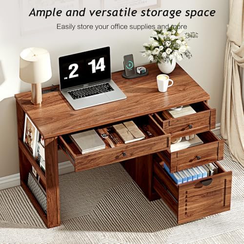 Ieejdn 47" Home Office Desks, Executive Desk, Farmhouse Computer Desk with Drawers and Charging Station, File Drawer, Storage Cabinet, Rustic Computer Writing Desk,Antique Tan - Image 3