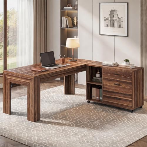 Tribesigns L Shaped Executive Office Desk with Drawers, Light Walnut - Image 4
