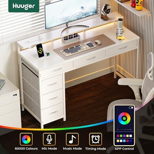 Huuger Gaming Desk with 6 Drawers, Computer Desk with LED Lights Power Outlets and Type-C, 47 Inch Office Table with Storage, Monitor Stand, Writing & Work Home Office, Bedroom, Study, White - Image 4