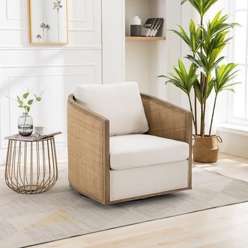 Anwick Brown Swivel Barrel Chair & Rattan Accent Chair, Modern Club Chair, Small Chair, Corner Chairs & Reading Chair for Bedroom, Living Room, Reading Nook, Adults (Beige Boucle) by Anwick