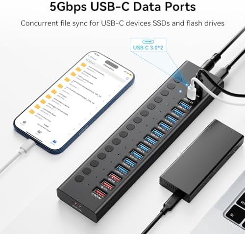 Powered USB Hub, AGEEN 16-Port USB 3.0 Hub (14 USB-A+2 USB-C), 5Gbps - Image 4