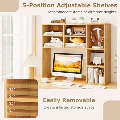 LDAILY Desktop Bookshelf, 37’’ Wood Desk Shelf with 7 Cubes & 3 Adjustable Shelves, 3-Tier Desk Display Rack, Desk Hutch for Dorm College Office Computer Monitor Up to 27’’ (Burlywood, 7 Shelves) - Image 5