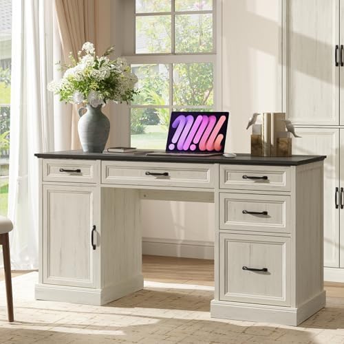 CARPETNAL 58'' Farmhouse Executive Desk with Drawers, Home Office Desk with File Drawer and Storage Cabinet, Rustic Computer Desk for Working, Studying, Writing, White by CARPETNAL