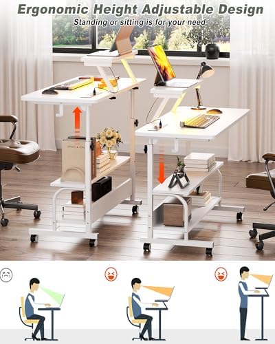 Height Adjustable Standing Desk with Power Outlets and LED Lights - 32" Manual Stand Up Desk with Monitor Stand and Storage Shelves Small Mobile Rolling Computer Desk Portable Laptop Table, White - Image 4