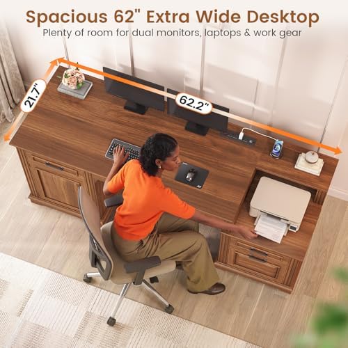 SEDETA Farmhouse Executive Desk, 62'' Home Office Desk with File Drawers, 3Drawer and Storage Cabinet, Computer Desk with Power Outlet for Home Office, Work Study Writing, Walnut - Image 6