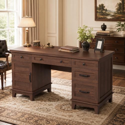 60" Farmhouse Executive Desk with File Drawers, Rustic Brown - Image 3