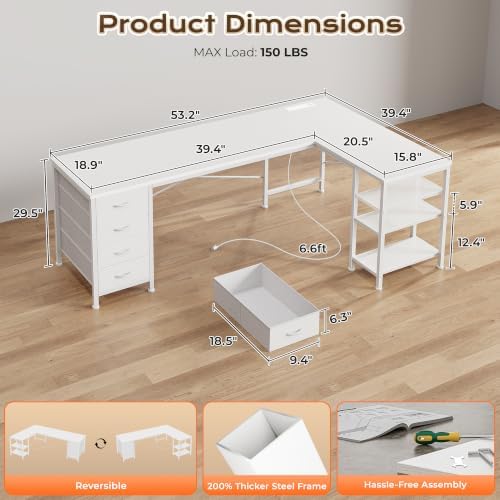 Huuger 55 Inch L Shaped Desk with Fabric Drawers, Reversible Computer Gaming Desk with Power Outlets and USB-C Port, Adjustable Side Storage Shelves, for Work Corner Home Office, White - Image 3