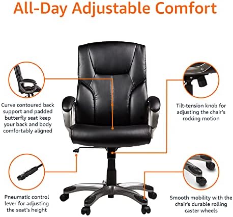 Amazon Basics Executive High Back Office Chair, Adjustable Height, Tilt, Swivel, Padded Seat, Bonded Leather, Wheels, Black/Silver - Image 6