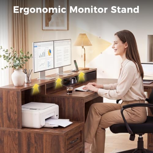 OffiGo Farmhouse 68 Inch L Shaped Executive Desk with Drawers, Walnut - Image 5