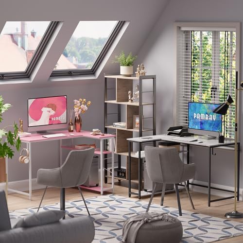 Pamray 43 Inch L Shaped Computer Desk with Reversible Side Storage Shelves, Small Corner Desk for Small Space Home Office,Writing Study Table PC Desk for Bedroom,White Marble - Image 6