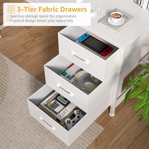 DLisiting White Computer Desk with Hutch & Drawers - 47 Inch Modern Study Writing Office Desk with 3 Storage Drawers and Power Outlets for Bedroom Home Office - Image 6