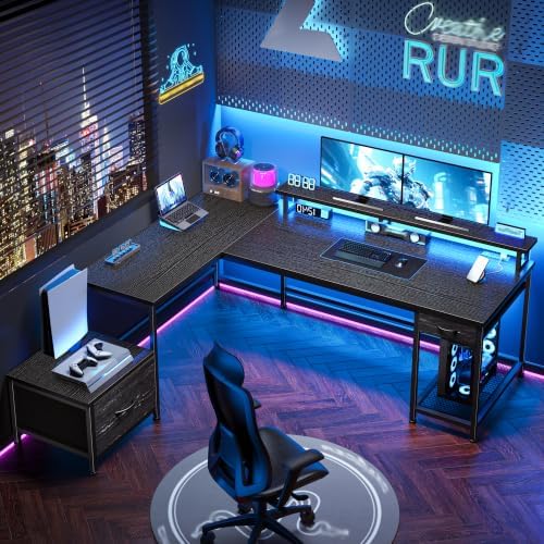 DurayLoly 63" Reversible L Shaped Desk with Power Outlets &Led,Bedroom - Image 2