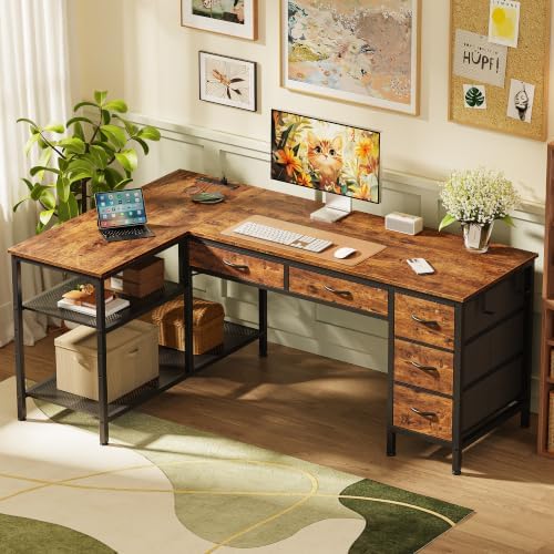 PRAISUN 55 Inch L Shaped Desk with Power Outlets, 5 Fabric Drawers - Image 2