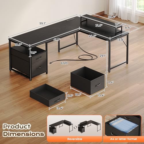 PRAISUN 55 Inch L Shaped Desk with Power Outlets and USB-C Port, Computer Corner Home Office Desk with File Fabric Drawers and Movable Monitor Stand, Larger Storage for Gaming, Work, Black - Image 2