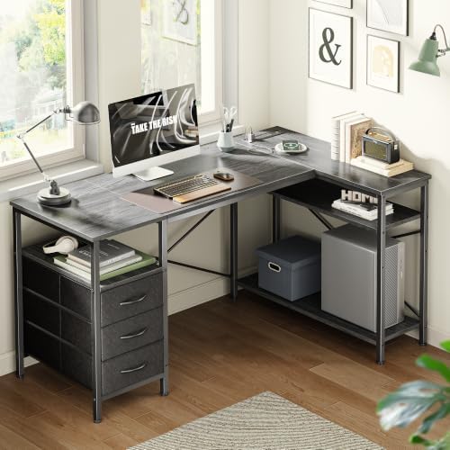 Huuger L Shaped Office Desk with Power Outlets & 3 Drawers - Image 2