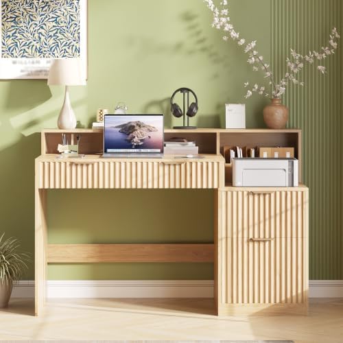 Vabches Fluted Computer Desk with Power Outlets, Home Office Desk with Drawers, Printer Stand, Wood Computer Desk with Long Monitor Stand, Oak - Image 7
