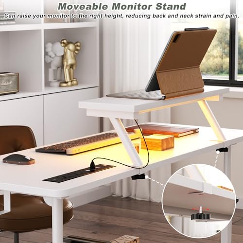 Height Adjustable Standing Desk with Power Outlets and LED Lights - 39" Manual Stand Up Desk with Monitor Stand and Storage Shelves Small Mobile Rolling Computer Desk Portable Laptop Table, White - Image 7