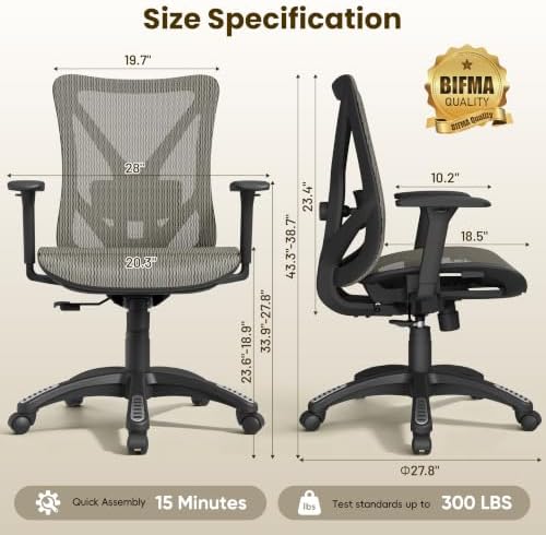 Ergonomic Office Chair, Mesh Computer Desk Chairs with BIFMA X5.1 Certified, Adjustable Lumbar Support, 3D Arm, Tilt Back, Wide Seat, Comfy Swivel Work Task Chair for Company and Home (Apricot Mist) - Image 3