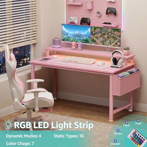 Lufeiya Girls Desk with Power Outlets and LED Lights, 40 Inch Gaming Desk Table with Charging Station, Home Office Computer Desks with Monitor, Pink - Image 5