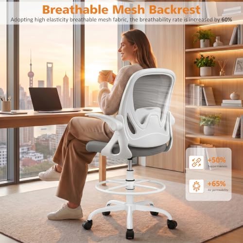 Drafting Chair Tall Office Chair with Flip-up Armrests, Adjustable Height, and Enhanced Lumbar Support - Ergonomic Rolling Stool, Back Support, and Adjustable Foot Rest Ring for Standing Desk Gray - Image 6