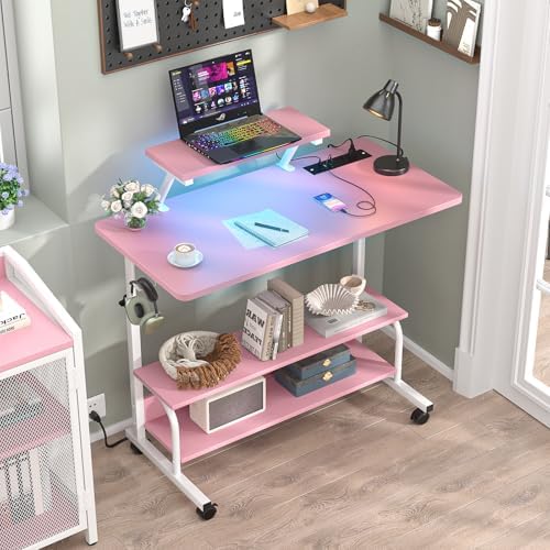 Height Adjustable Standing Desk with Power Outlets and LED Lights - 32" Manual Stand Up Desk with Monitor Stand and Storage Shelves Small Mobile Rolling Computer Desk Portable Laptop Table, Pink - Image 2