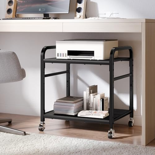 niffgaff 2 Tier Under Desk Printer Stand with Storage, 22" Rolling Printer Cart with Lockable Wheels, Height Adjustable Shelf for Home Office, Black - Image 2